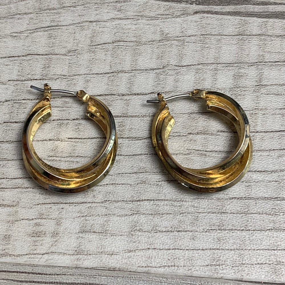 Mixed Metal Triple Band Twisted Hoop Earrings Gold Silver Tone Latch Back